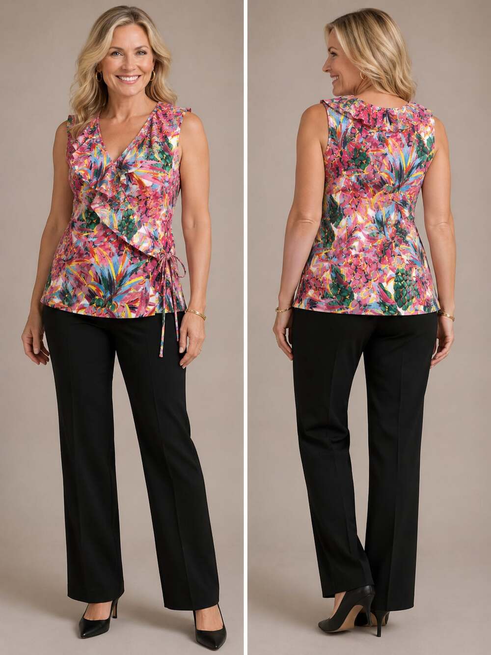 Violet + Claire Sleeveless Pineapple Print Ruffle Wrap Tank Top
M62JC